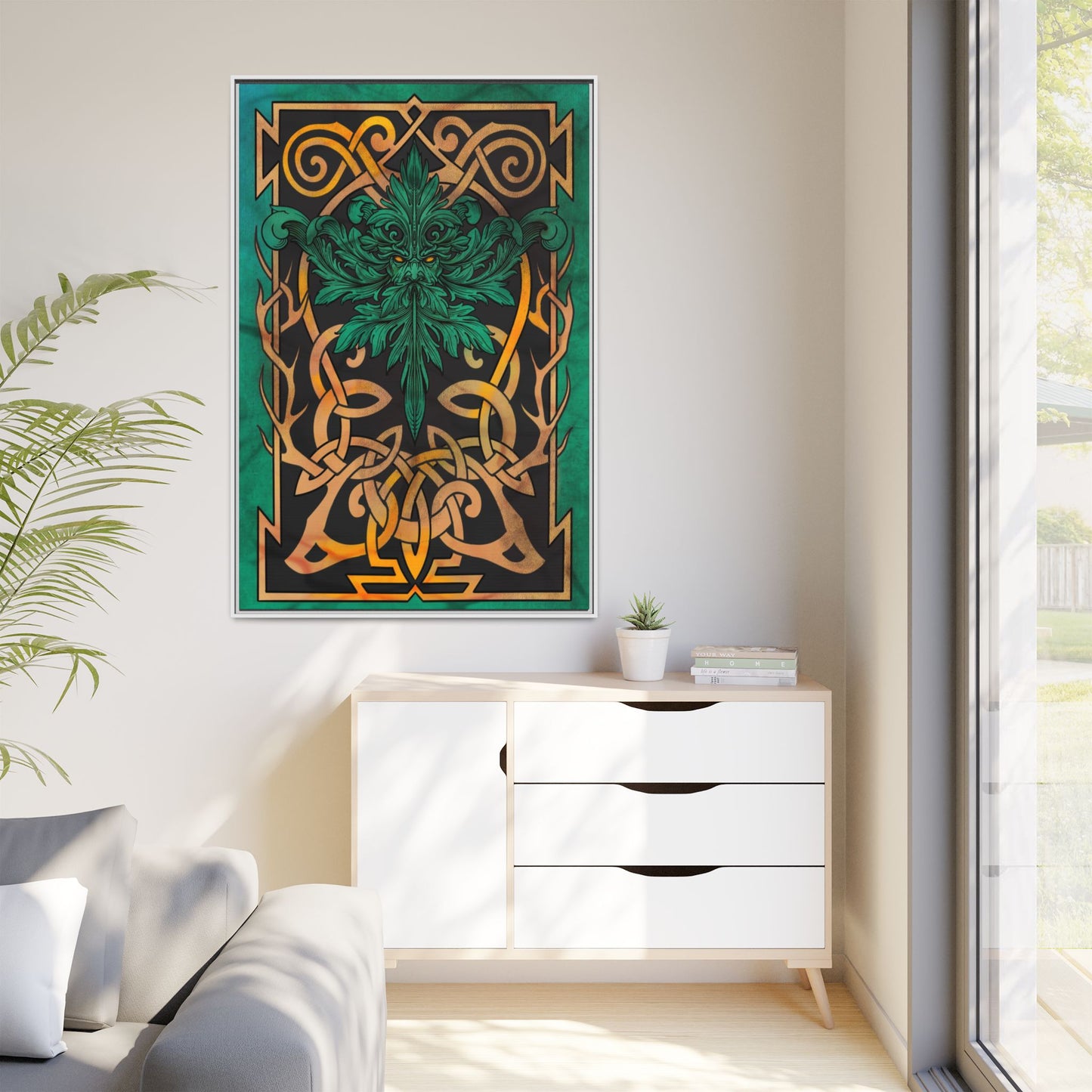 Celtic Mythology Framed Wall Art, Nature-Themed Home Decor, Green and Gold Artwork, Unique Gift, Eco-Friendly Art
