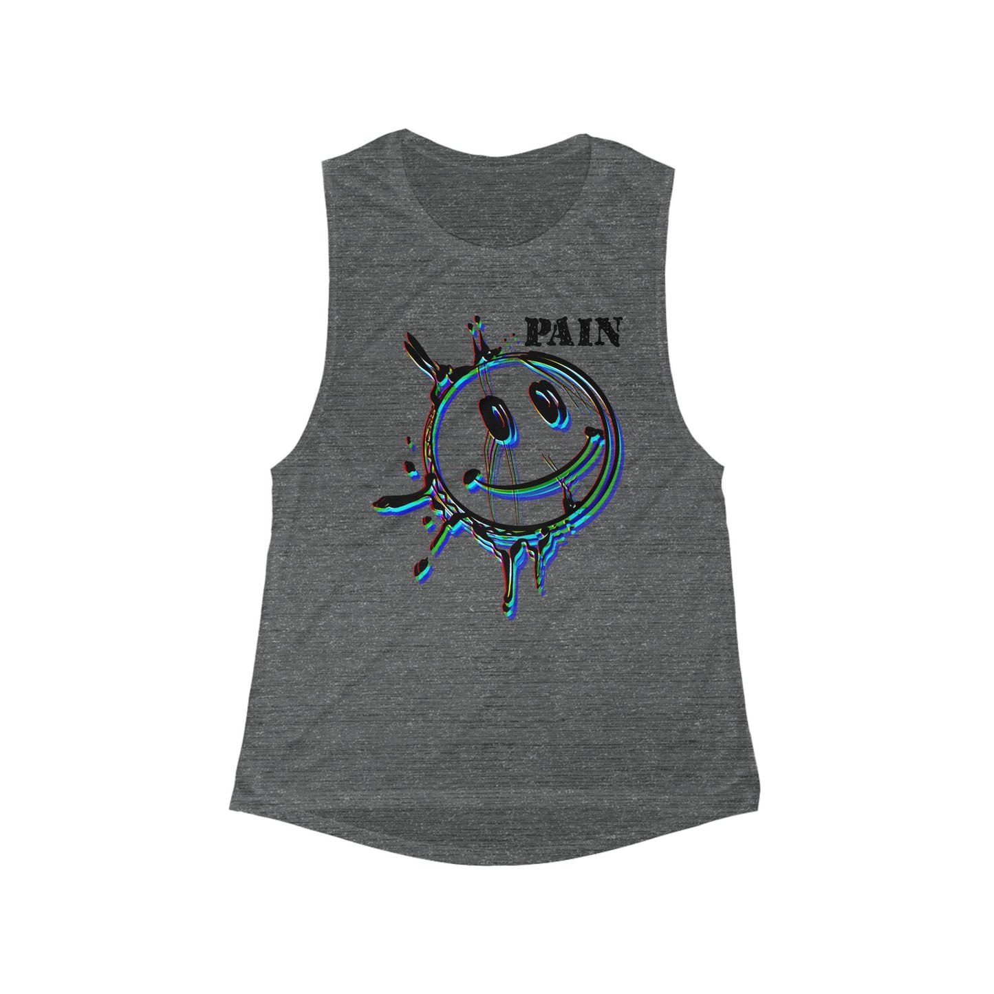 Women's Flowy Scoop Muscle Tank with Dripping Smiley Design, Casual Summer Top, Workout Wear, Festival Outfit, Gift for Her