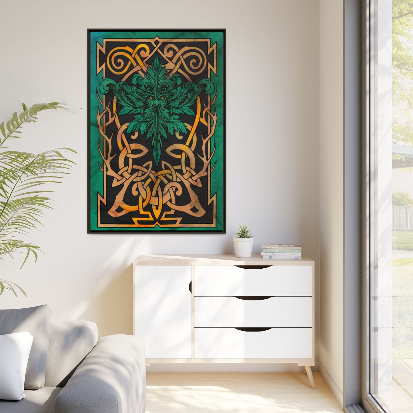 Celtic Mythology Framed Wall Art, Nature-Themed Home Decor, Green and Gold Artwork, Unique Gift, Eco-Friendly Art
