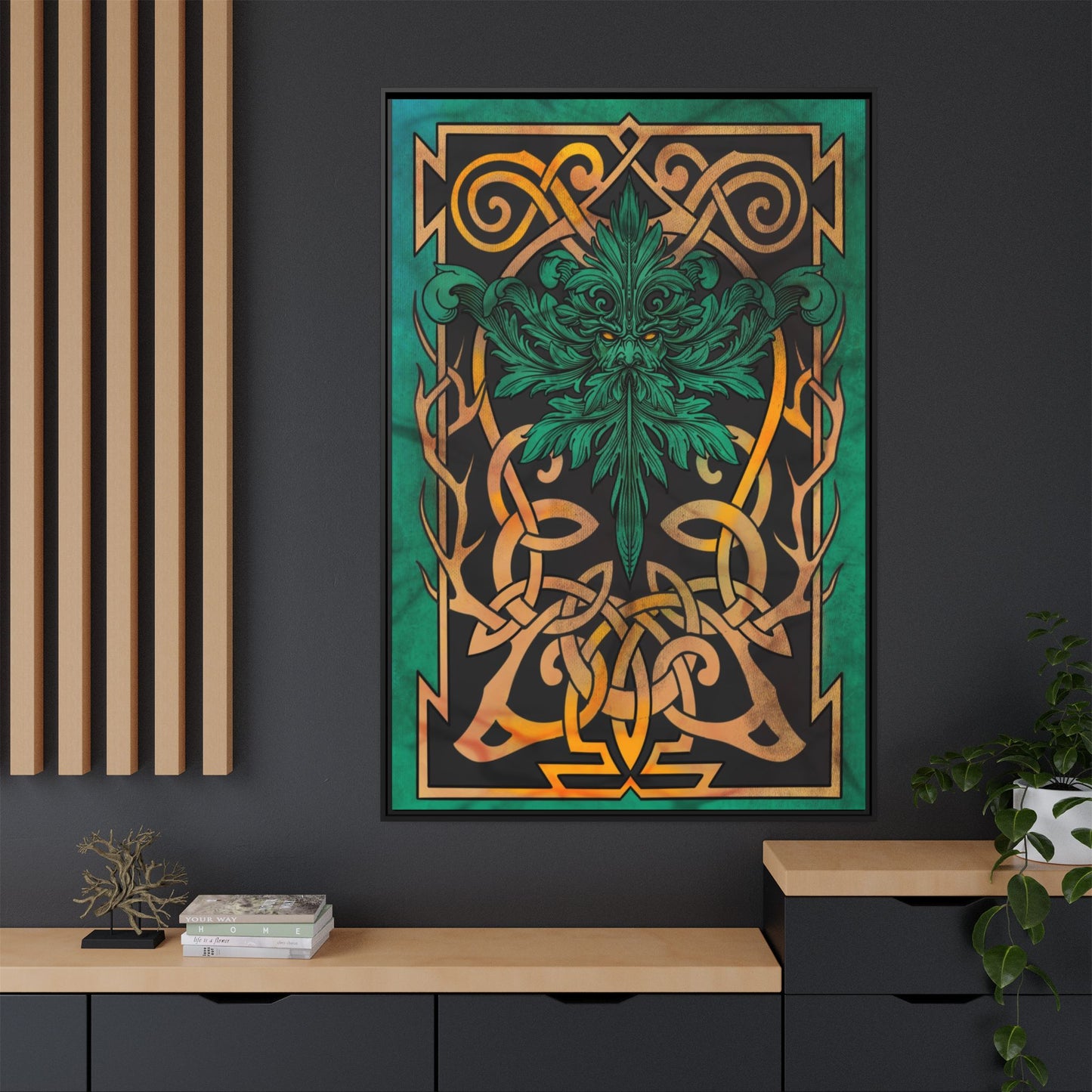 Celtic Mythology Framed Wall Art, Nature-Themed Home Decor, Green and Gold Artwork, Unique Gift, Eco-Friendly Art