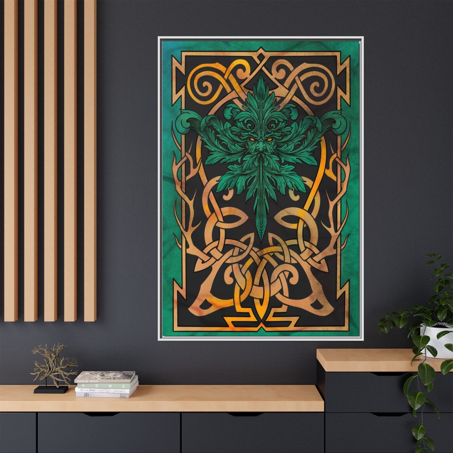 Celtic Mythology Framed Wall Art, Nature-Themed Home Decor, Green and Gold Artwork, Unique Gift, Eco-Friendly Art