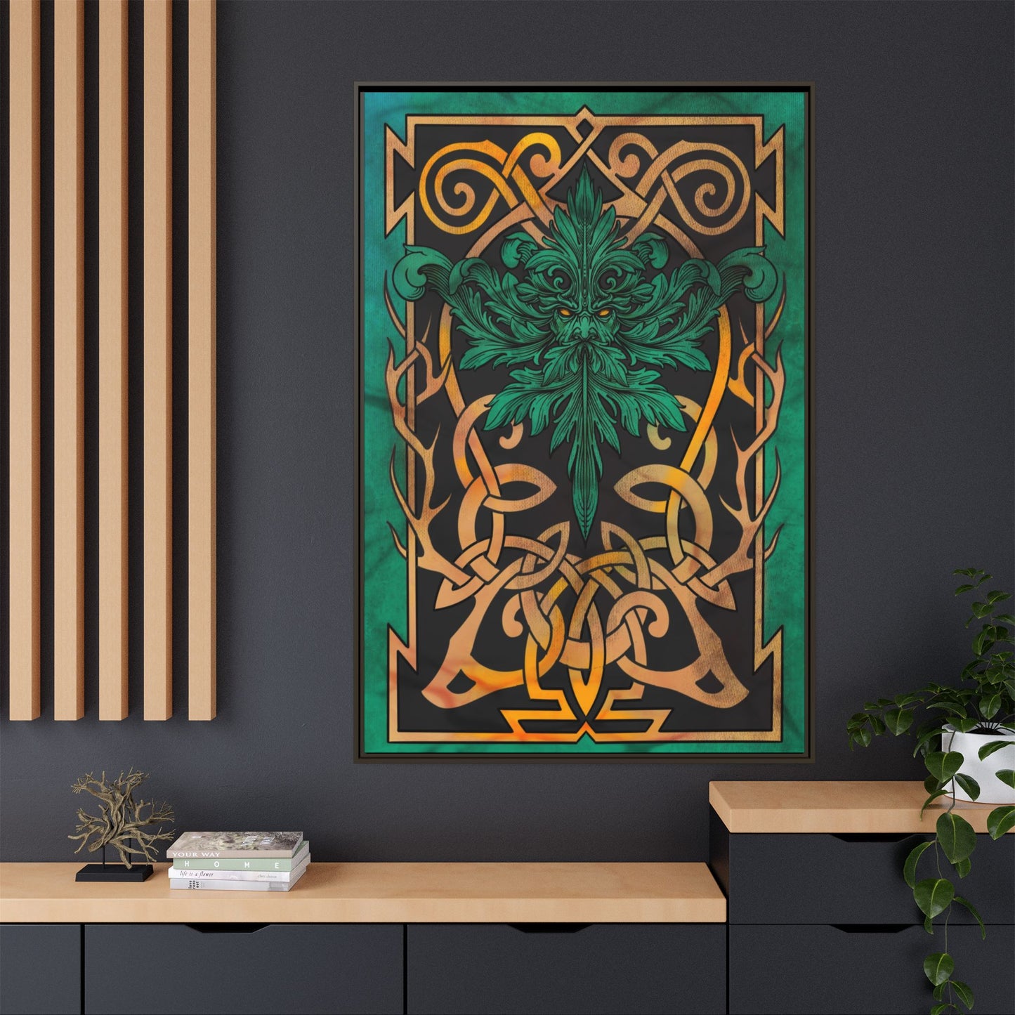 Celtic Mythology Framed Wall Art, Nature-Themed Home Decor, Green and Gold Artwork, Unique Gift, Eco-Friendly Art