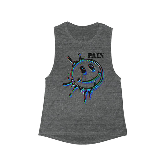 Women's Flowy Scoop Muscle Tank with Dripping Smiley Design, Casual Summer Top, Workout Wear, Festival Outfit, Gift for Her